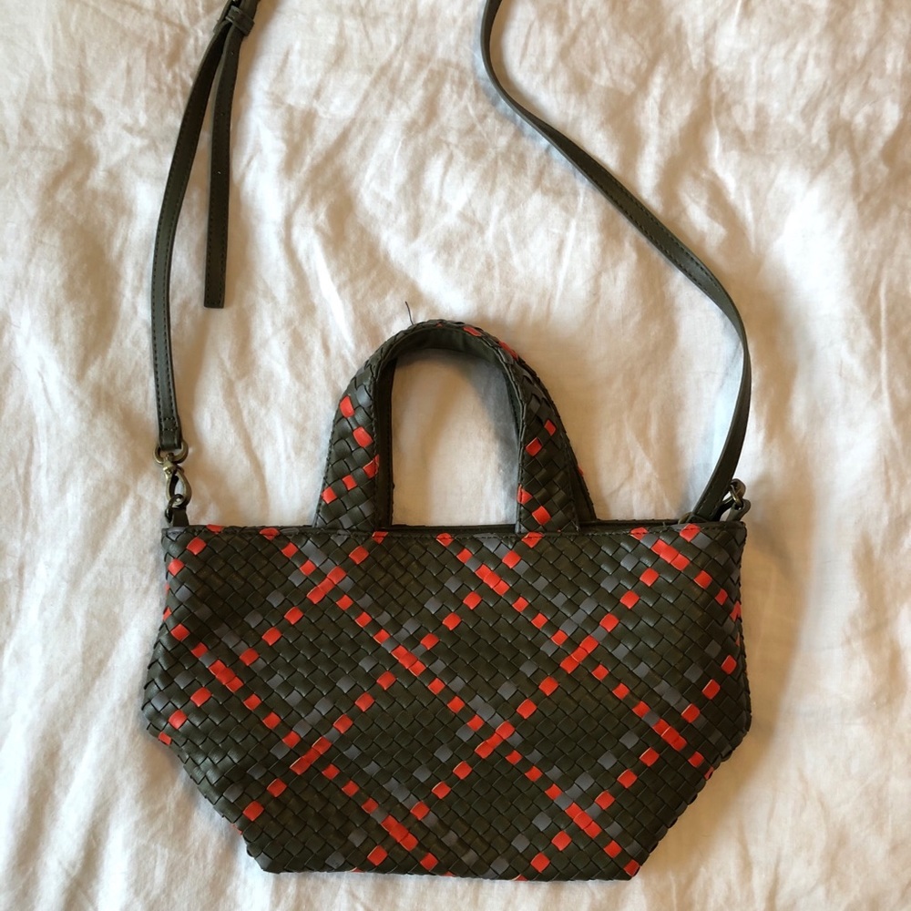 Green and orange cross weave satchel